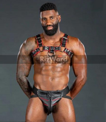Model wearing a sleek BDSM leather harness-Step into dominant territory with this bondage chest harness built to impress. Pair it with our premium leather jockstrap for pure seduction.