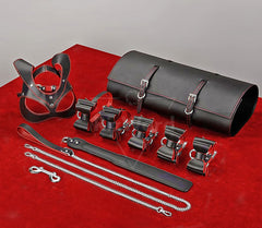 Luxury Black & Red Leather Restraint Kit - Fetish Adult Restraints Set with Cuffs & Chains