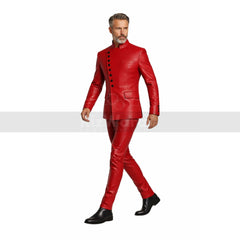 Man wearing a red leather suit on a white background