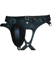 Sexy black leather jockstrap and BDSM jockstrap displayed on a white background.