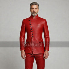 Man wearing a red leather suit with a gray background