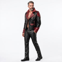 Men's black and red cyberpunk leather jacket and pants set biker outfit