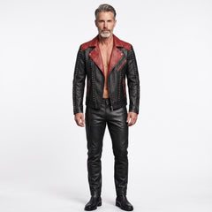 Men's black genuine leather quilted jacket and pants set with red lapels front view