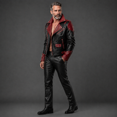 Cyberpunk Leather Jacket & Pants Set | Men's Black Red Biker Outfit