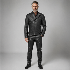 Black Genuine Leather Jacket & Pants Set | Men's Biker Jacket, Leather Pants |Cyberpunk Motorcycle Outfit