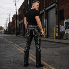 Studded Gothic Leather Pants for Men | Black Cyberpunk Cargo Trousers | Pocket Chain Punk Pants | Multi Pocket Biker Wear | Custom Size