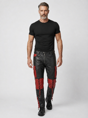 Men’s Black & Red Leather Cargo Pants – Gothic Cyberpunk Lace-Up Pants with Utility Pockets, Punk Biker Goth Trousers