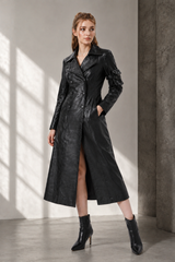Women's Black Leather Trench Coat | Genuine Leather Long Coat | Double Breasted Leather Coat | Women's Leather Overcoat | Luxury Black Leather Winter Coat