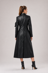 Women's Black Leather Trench Coat | Genuine Leather Long Coat | Double Breasted Leather Coat | Women's Leather Overcoat | Luxury Black Leather Winter Coat