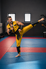 Men's Genuine Leather Ninja Inspired Martial Arts Costume, Yellow Sleeveless Leather Outfit with Black Wrap Sash, Bracers & Shin Guards
