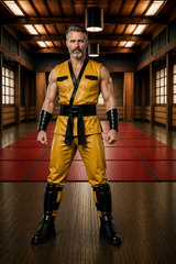 Men's Genuine Leather Ninja Inspired Martial Arts Costume, Yellow Sleeveless Leather Outfit with Black Wrap Sash, Bracers & Shin Guards