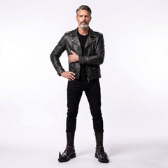 Men's black leather jacket with black pants and gothic Snack boots back view. - Rizwards Leather