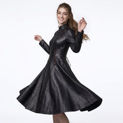 High Neck Black Leather Corset Dress | Gothic Dress with Studs | Victorian Goth Fit and Flare goth clothes for women