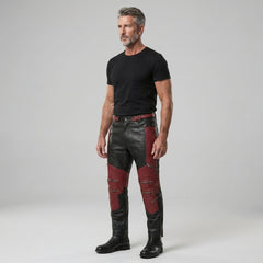 Men's Black & Red Genuine Leather Cyberpunk Pants | Biker Trousers