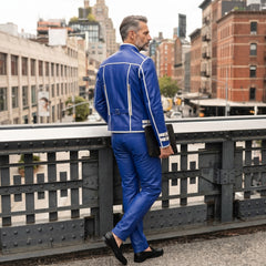 Leather Jacket | Men’s Genuine Blue Military Racer | White Piped Asymmetrical Zip | Handmade Custom Fit