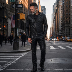 Black Genuine Leather Jacket & Pants Set | Men's Biker Jacket, Leather Pants |Cyberpunk Motorcycle Outfit