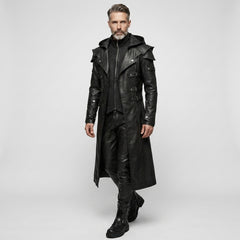 Men’s black leather hooded trench coat full body pose with genuine leather finish, gothic coat design, and long cosplay coat style. - Rizwards Leather
