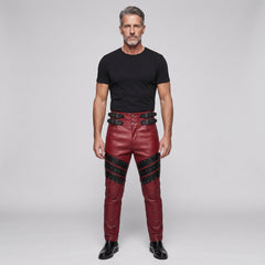 Men's Red Genuine Leather Pants with Black Studded Panels