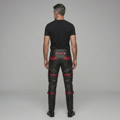 Men's Black Leather Cargo Pants | Genuine Leather with Red Accents