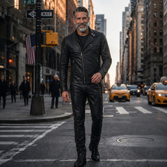 Black Genuine Leather Jacket & Pants Set | Men's Biker Jacket, Leather Pants |Cyberpunk Motorcycle Outfit