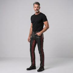 Men's Black Leather Pants | Genuine Leather with Red Panels