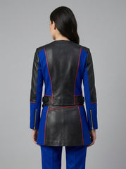 Women's Genuine Leather Jacket & Mini Skirt Set | Black Blue Color Block Biker Jacket | Asymmetrical Zip Motorcycle Leather Outfit | Designer Co-Ord Set