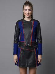 Women's Genuine Leather Jacket & Mini Skirt Set | Black Blue Color Block Biker Jacket | Asymmetrical Zip Motorcycle Leather Outfit | Designer Co-Ord Set