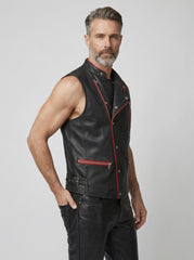 Black PU leather biker vest with asymmetrical closure