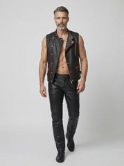 Men’s Black Leather Vest with Red Zipper Accents – Asymmetrical Statement Wear