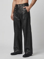 Men’s Black Leather High-Waist Button Pants – Wide-Leg Statement Trousers