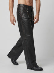 Men’s Black Leather High-Waist Button Pants – Wide-Leg Statement Trousers