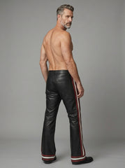 Men’s Black Leather Pants with Red Side Stripes – Statement Fashion Trousers
