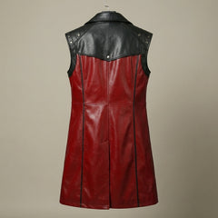Men’s Red Sleeveless Leather Statement Coat – Bold Tailored Fashion Outerwear
