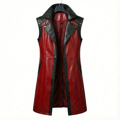 Red PU leather sleeveless long coat with black lapels