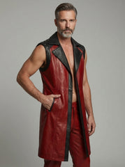 Men’s Red Sleeveless Leather Statement Coat – Bold Tailored Fashion Outerwear