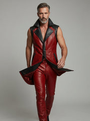 Men’s red sleeveless leather statement coat front view