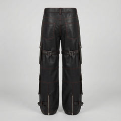 Men’s Black Leather Cargo Pants – Buckled Utility Statement Trousers