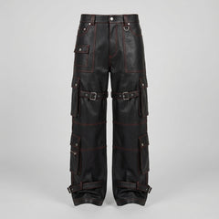Black PU leather utility pants with buckle straps
