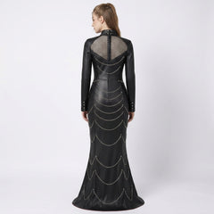 Back view of black leather mermaid maxi dress with chain detail, studded accents, fishnet mesh panel, high neck design, and gothic fishtail gown style - Rizwards Leather