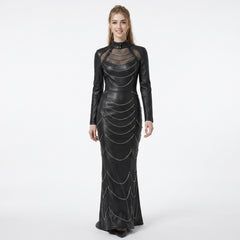 Front view of black leather chain dress for women with long sleeves, fitted bodycon fit, studded rivets, and gothic mermaid maxi dress silhouette - Rizwards Leather