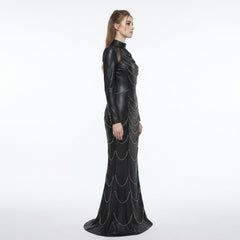 Full side view of long sleeve black leather maxi dress with silver chains, slim fit bodycon shape, gothic style, and floor length mermaid gown hem - Rizwards Leather