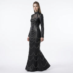 Side view of black leather mermaid dress with silver chain accents, fitted waist, long sleeves, floor length hem, and gothic leather gown design - Rizwards Leather