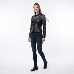 Full front view of women’s black leather biker jacket with cropped fit, chain shoulder design, studs, and gothic punk styling