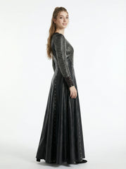 Side view of women’s black genuine leather maxi dress with fitted bodice and flowing full-length skirt - Rizwards Leather