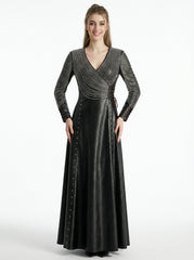 Front view of black leather gothic dress for women with deep neckline, long sleeves, and dramatic skirt - Rizwards Leather