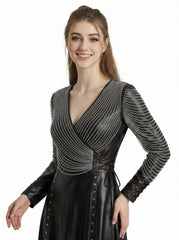 Women’s black leather gothic dress with textured sleeves, fitted waist, and elegant full-length design - Rizwards Leather