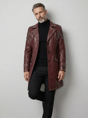 Burgundy Leather Trench Coat | Studded Cyberpunk Leather Jacket for Men | Gothic Chain Leather Coat | Winter Wedding Coat Gift for Him