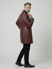 Burgundy Leather Trench Coat | Studded Cyberpunk Leather Jacket for Men | Gothic Chain Leather Coat | Winter Wedding Coat Gift for Him