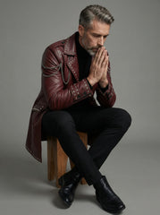 Burgundy Leather Trench Coat | Studded Cyberpunk Leather Jacket for Men | Gothic Chain Leather Coat | Winter Wedding Coat Gift for Him