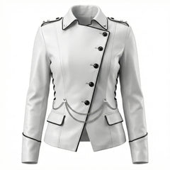 White leather blazer product photo with asymmetrical button front, studded collar, chain drape and custom Christmas blazer jacket design - Rizwards Leather